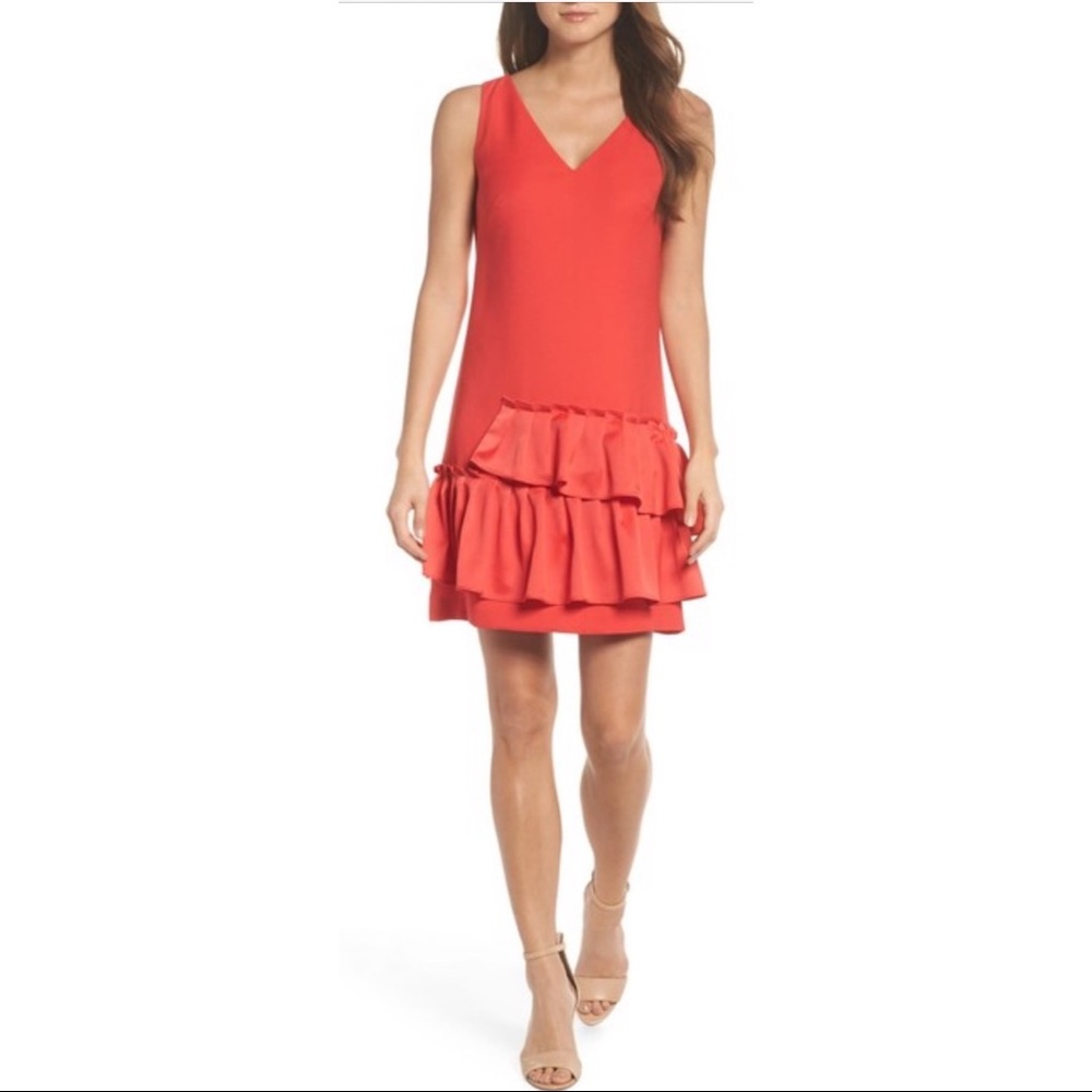 Eliza J Ruffle Hem Sheath Dress, Red, 4 Petite